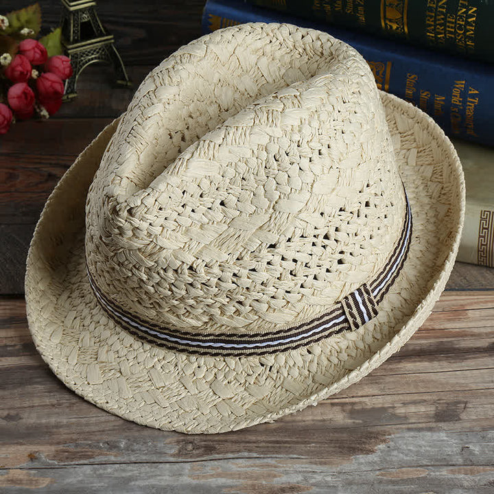 Chapeau Fedora en paille unisexe style bohème, fait main, pour la plage et l'été