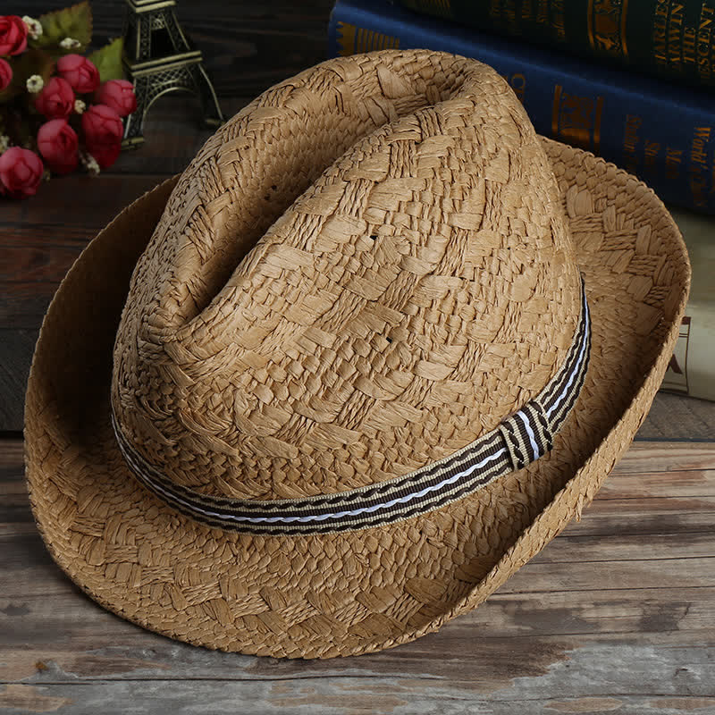 Chapeau Fedora en paille unisexe style bohème, fait main, pour la plage et l'été