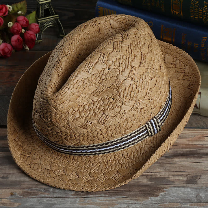 Chapeau Fedora en paille unisexe style bohème, fait main, pour la plage et l'été