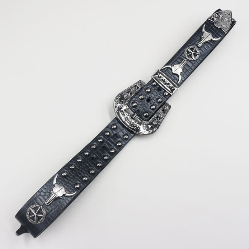 Ceinture en cuir noir imprimé crocodile avec rivets tête de taureau argentés