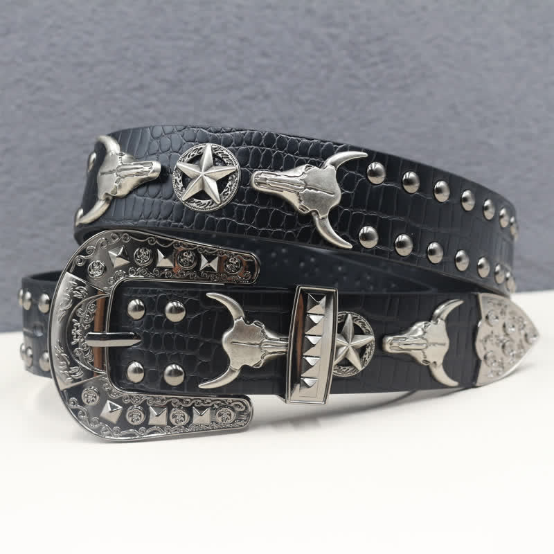 Ceinture en cuir noir imprimé crocodile avec rivets tête de taureau argentés