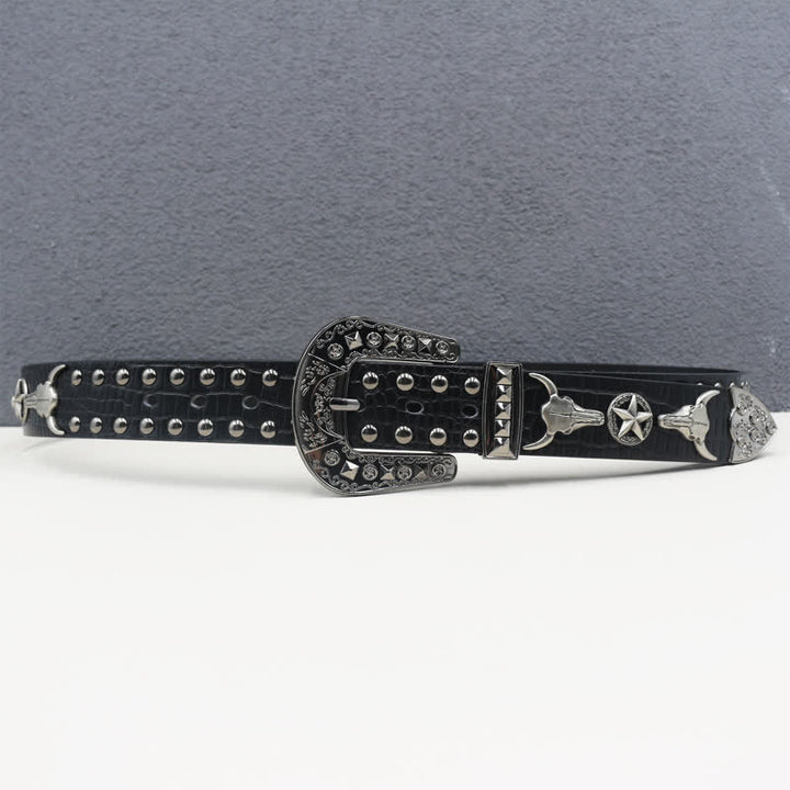 Ceinture en cuir noir imprimé crocodile avec rivets tête de taureau argentés