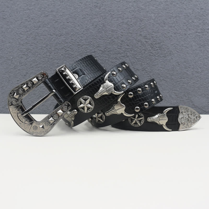 Ceinture en cuir noir imprimé crocodile avec rivets tête de taureau argentés