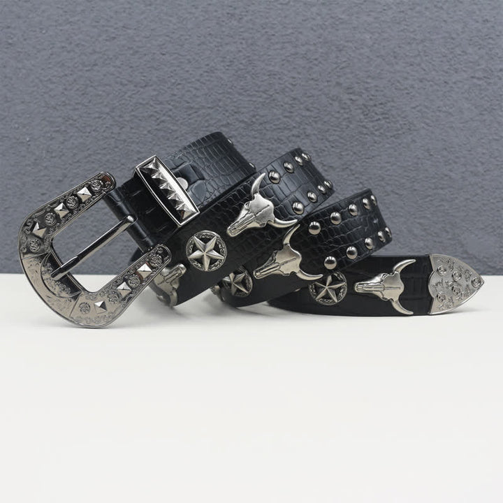 Ceinture en cuir noir imprimé crocodile avec rivets tête de taureau argentés