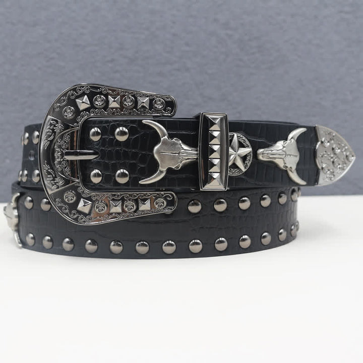 Ceinture en cuir noir imprimé crocodile avec rivets tête de taureau argentés
