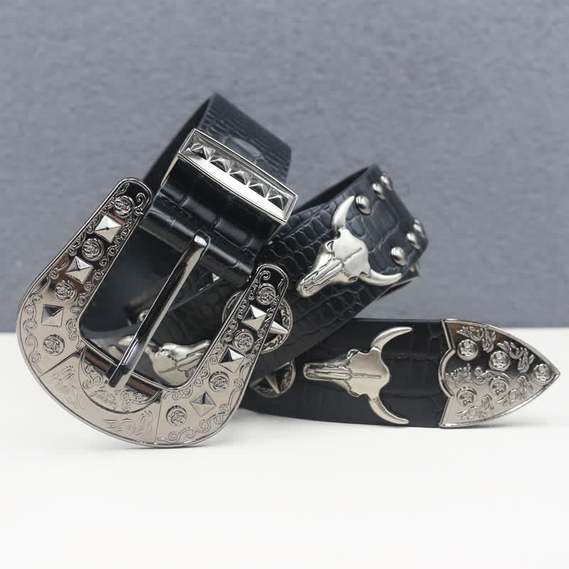 Ceinture en cuir noir imprimé crocodile avec rivets tête de taureau argentés