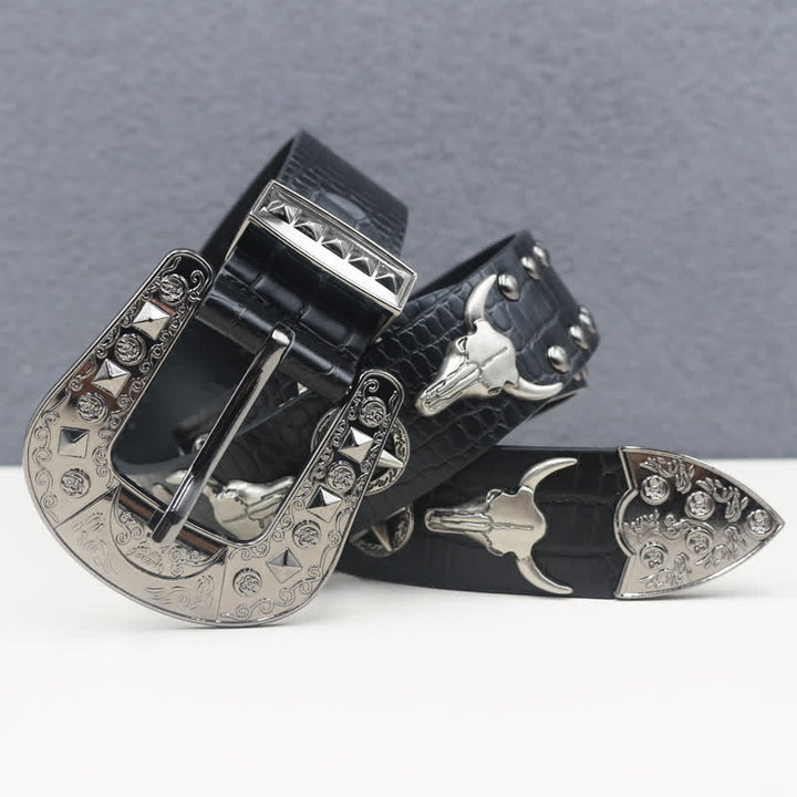 Ceinture en cuir noir imprimé crocodile avec rivets tête de taureau argentés