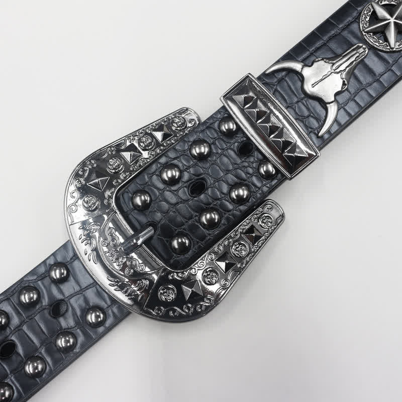 Ceinture en cuir noir imprimé crocodile avec rivets tête de taureau argentés