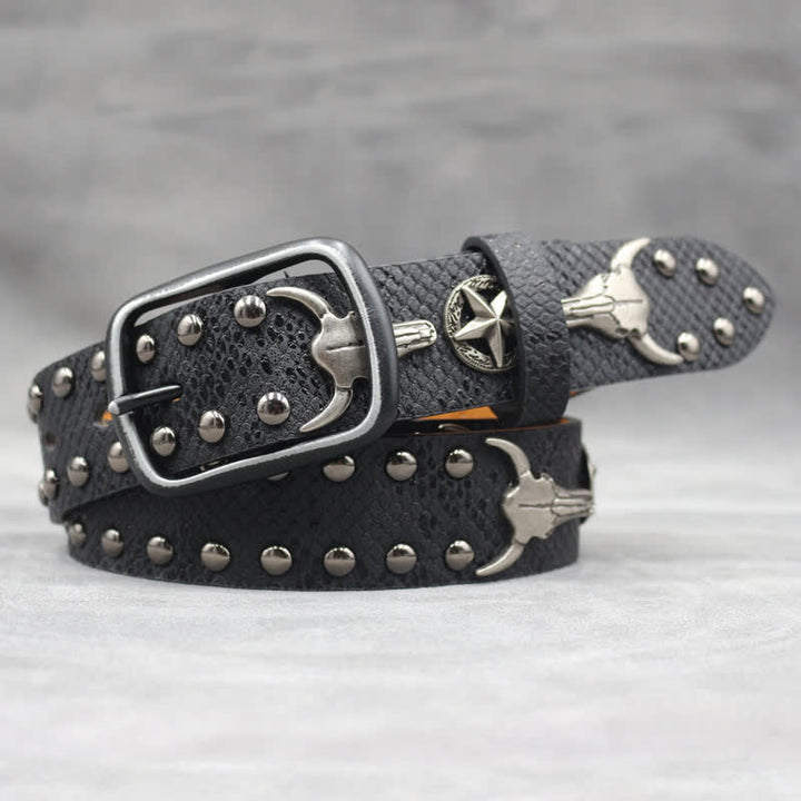 Ceinture en cuir noir imprimé peau de serpent avec rivets tête de taureau argentés