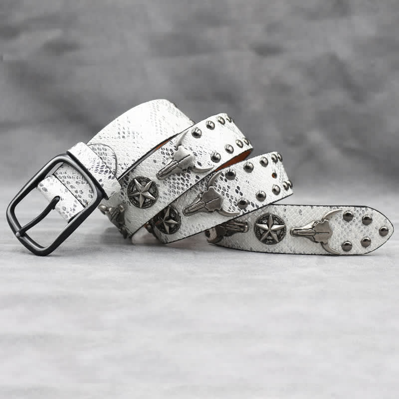 Ceinture en cuir noir imprimé peau de serpent avec rivets tête de taureau argentés