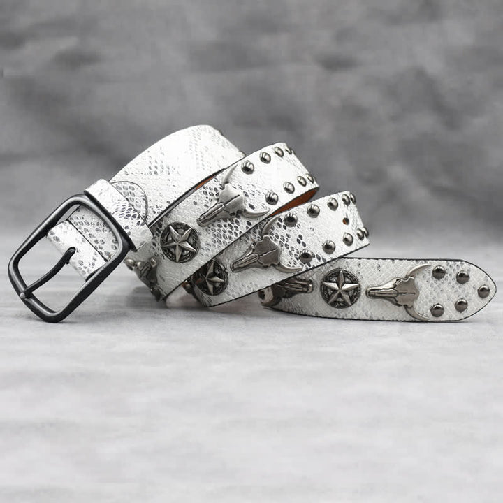 Ceinture en cuir noir imprimé peau de serpent avec rivets tête de taureau argentés