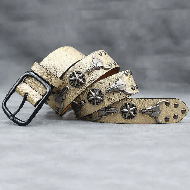 Ceinture en cuir noir imprimé peau de serpent avec rivets tête de taureau argentés