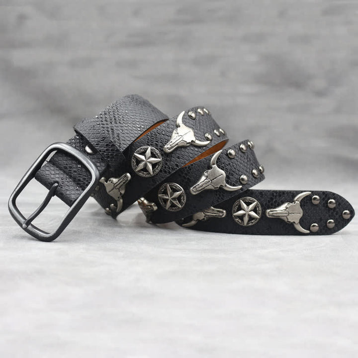 Ceinture en cuir noir imprimé peau de serpent avec rivets tête de taureau argentés