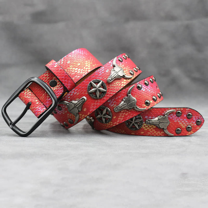Ceinture en cuir noir imprimé peau de serpent avec rivets tête de taureau argentés