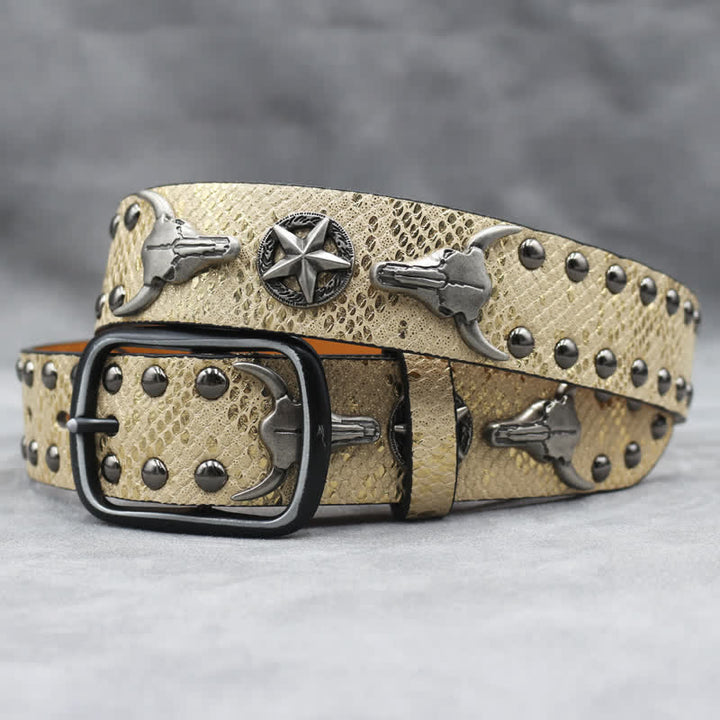Ceinture en cuir noir imprimé peau de serpent avec rivets tête de taureau argentés