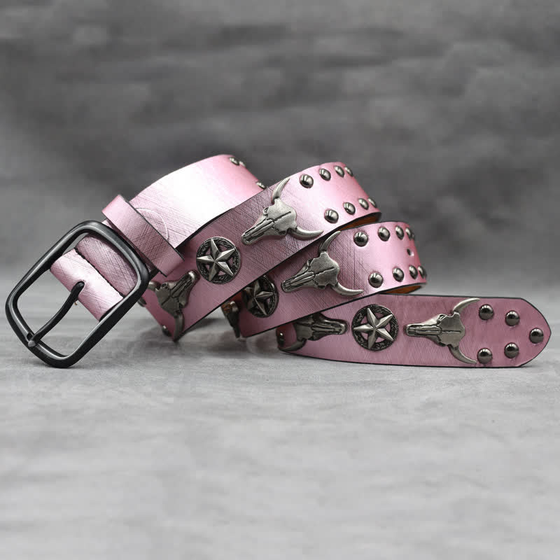 Ceinture en cuir noir imprimé peau de serpent avec rivets tête de taureau argentés