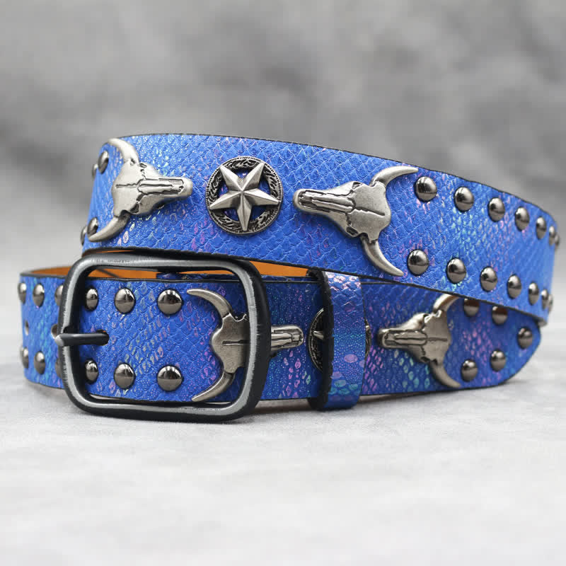 Ceinture en cuir noir imprimé peau de serpent avec rivets tête de taureau argentés