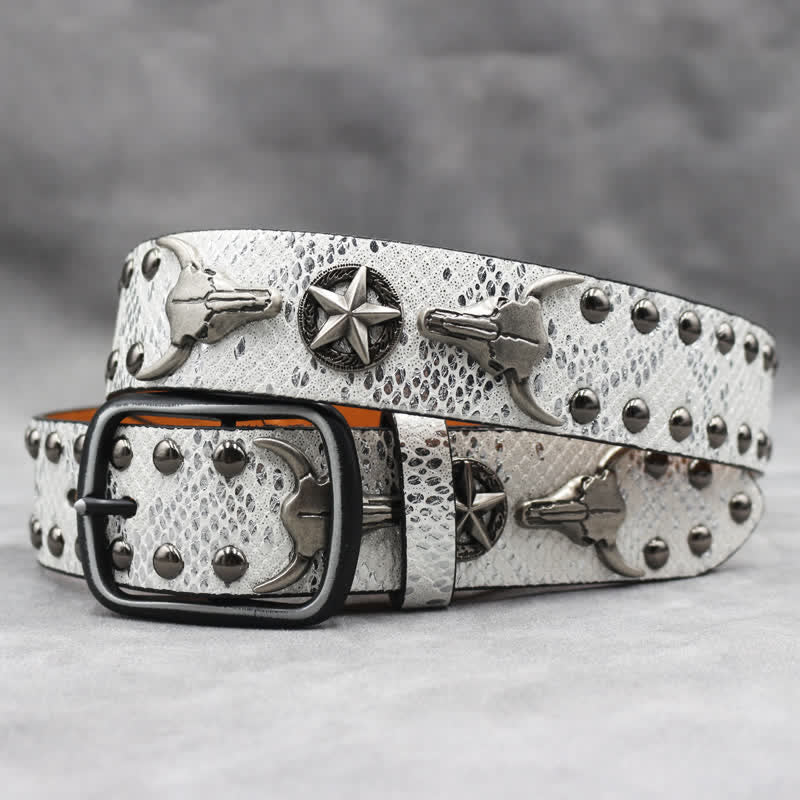 Ceinture en cuir noir imprimé peau de serpent avec rivets tête de taureau argentés