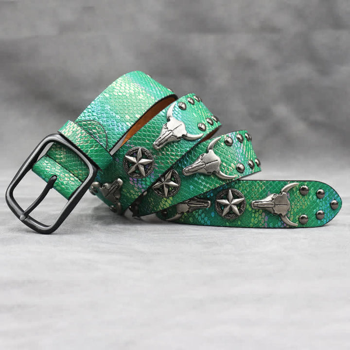 Ceinture en cuir noir imprimé peau de serpent avec rivets tête de taureau argentés