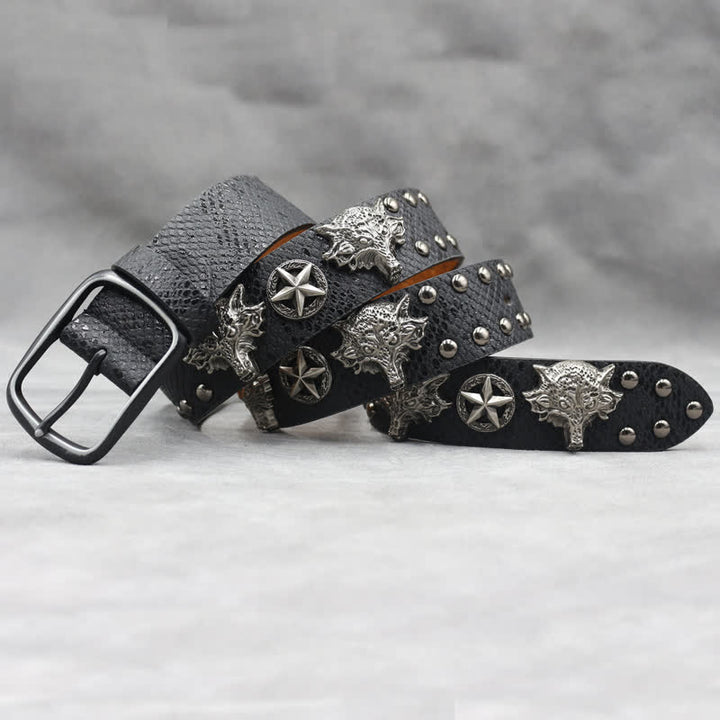Ceinture en cuir noir à imprimé peau de serpent avec rivets tête de loup en argent antique