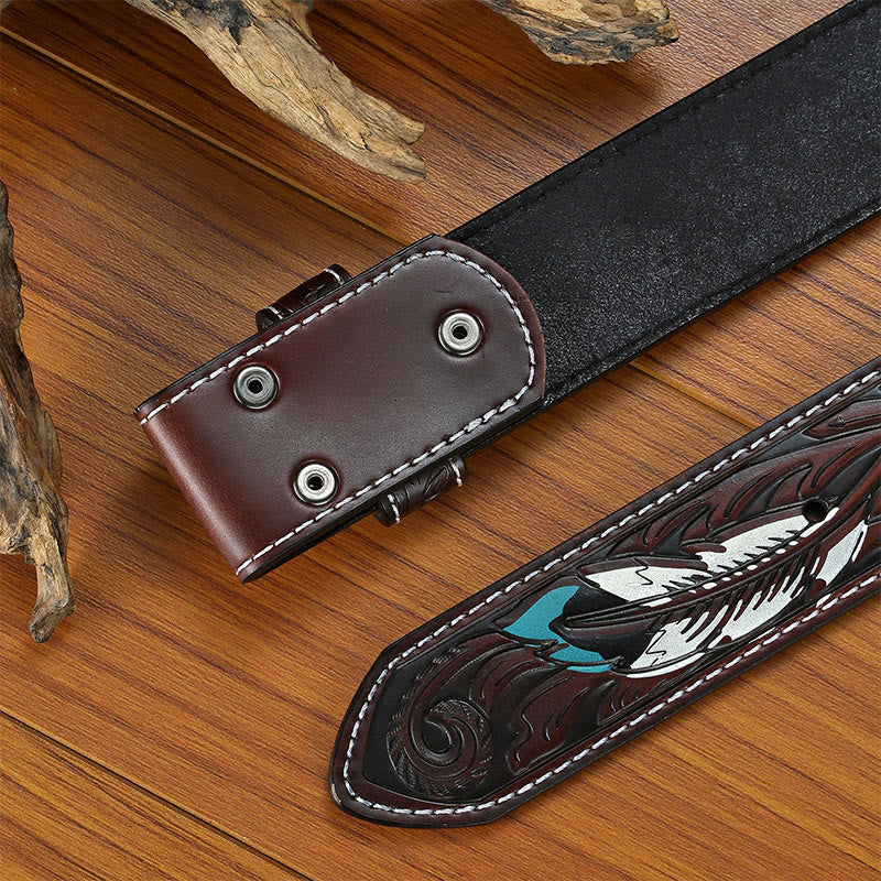 Sangle de ceinture en cuir gaufrée à plumes punk DIY sans boucle de ceinture