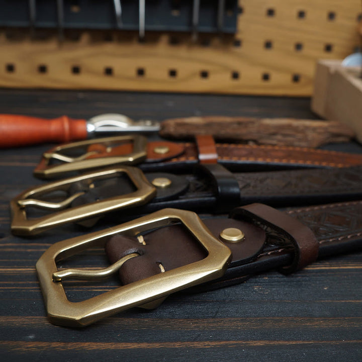 Ceinture en cuir cousue western avec boucle en laiton massif