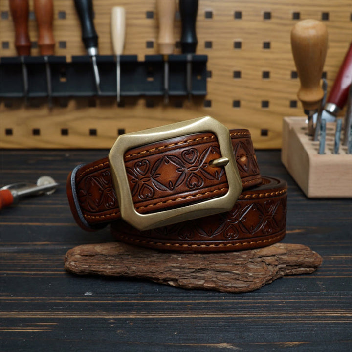 Ceinture en cuir cousue western avec boucle en laiton massif