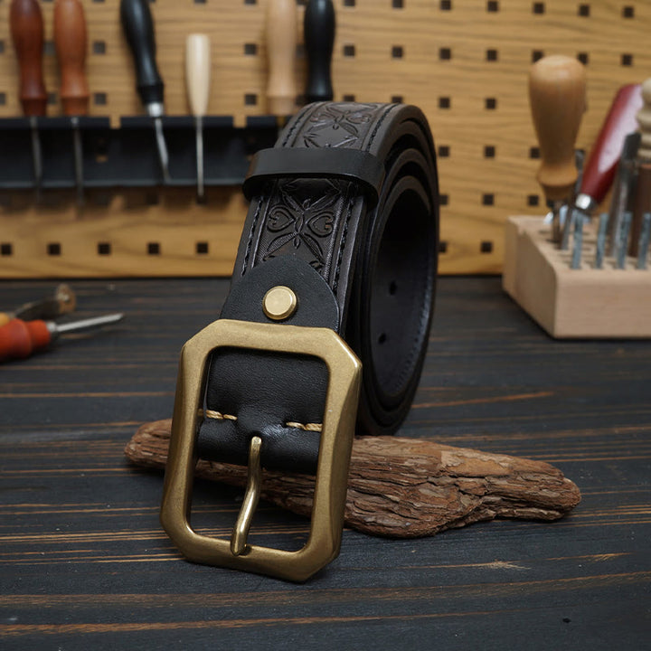 Ceinture en cuir cousue western avec boucle en laiton massif