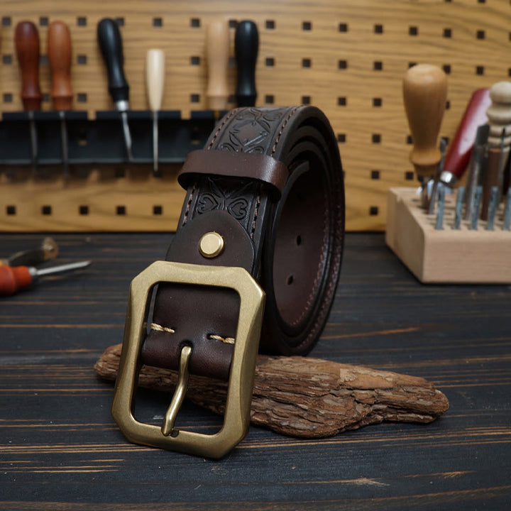 Ceinture en cuir cousue western avec boucle en laiton massif