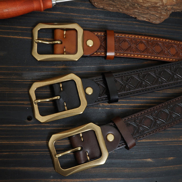 Ceinture en cuir cousue western avec boucle en laiton massif