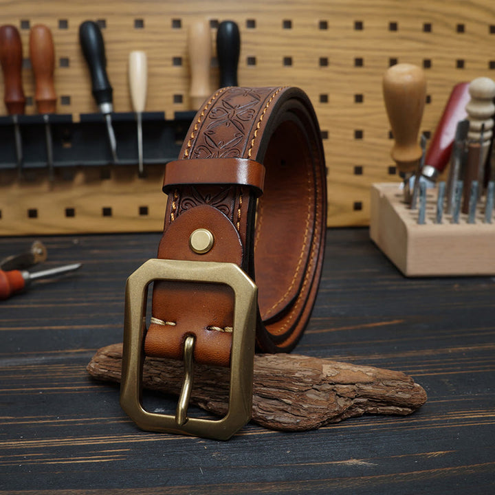 Ceinture en cuir cousue western avec boucle en laiton massif