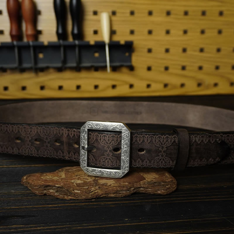 Ceinture en cuir gaufré style western avec boucle en acier inoxydable