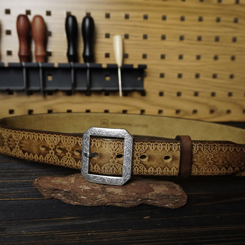 Ceinture en cuir gaufré style western avec boucle en acier inoxydable
