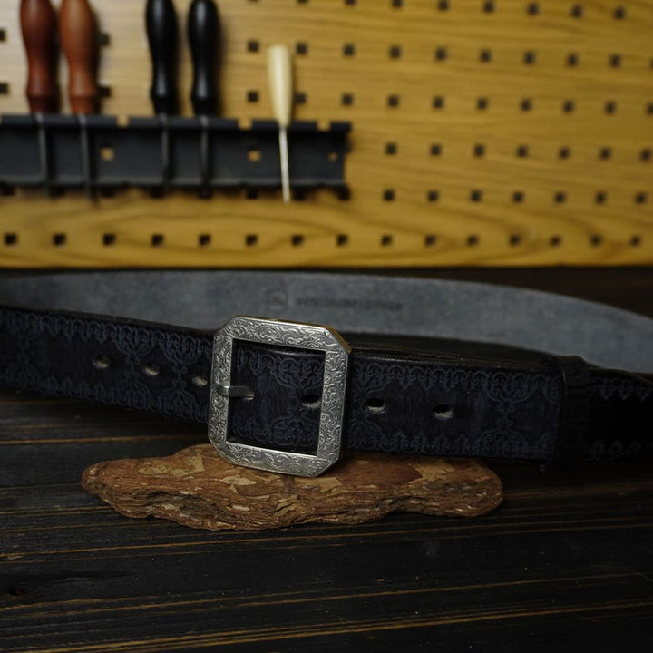 Ceinture en cuir gaufré style western avec boucle en acier inoxydable