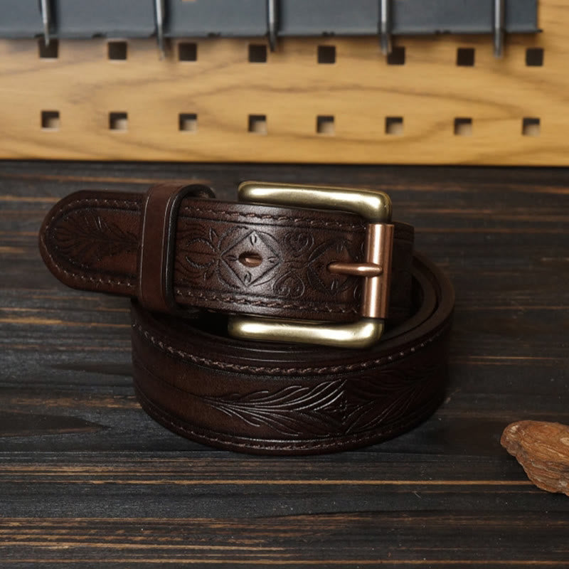 Ceinture en cuir à motif floral en relief avec boucle en laiton massif