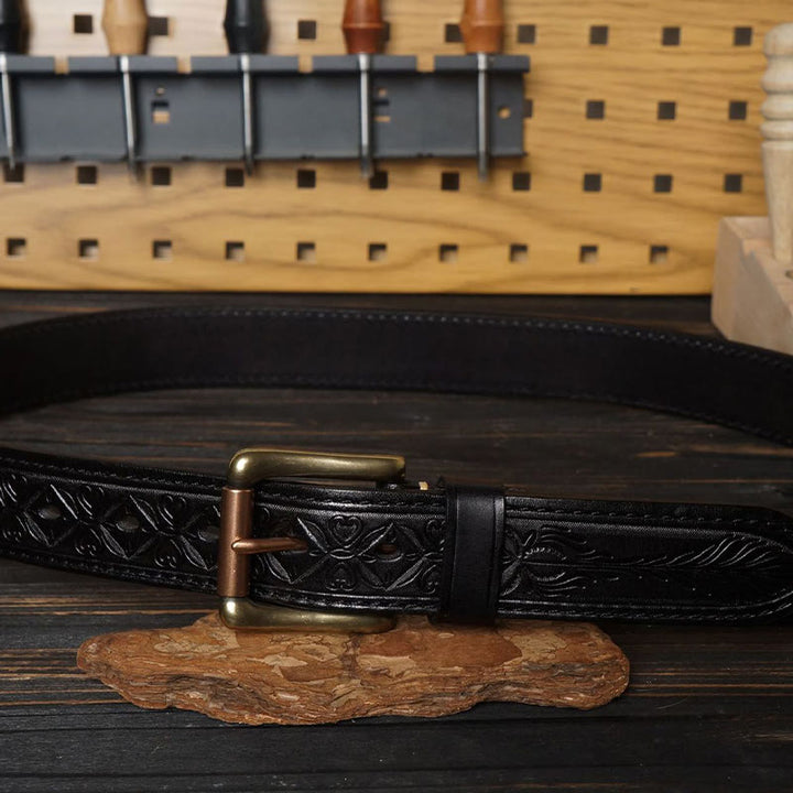 Ceinture en cuir à motif floral en relief avec boucle en laiton massif