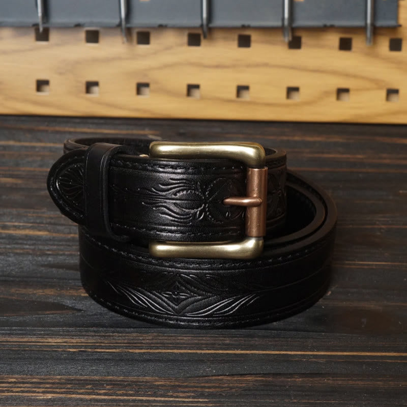 Ceinture en cuir à motif floral en relief avec boucle en laiton massif