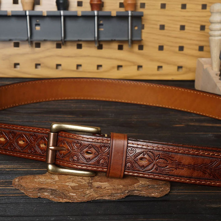 Ceinture en cuir à motif floral en relief avec boucle en laiton massif
