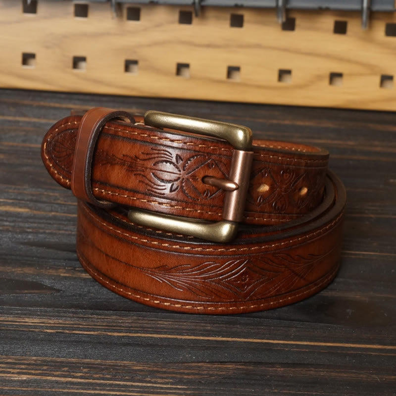 Ceinture en cuir à motif floral en relief avec boucle en laiton massif