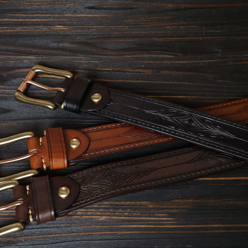 Ceinture en cuir à motif floral en relief avec boucle en laiton massif