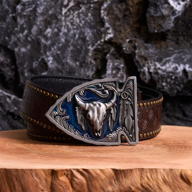 Ceinture en cuir avec boucle en forme de pointe de flèche en émail bleu marine