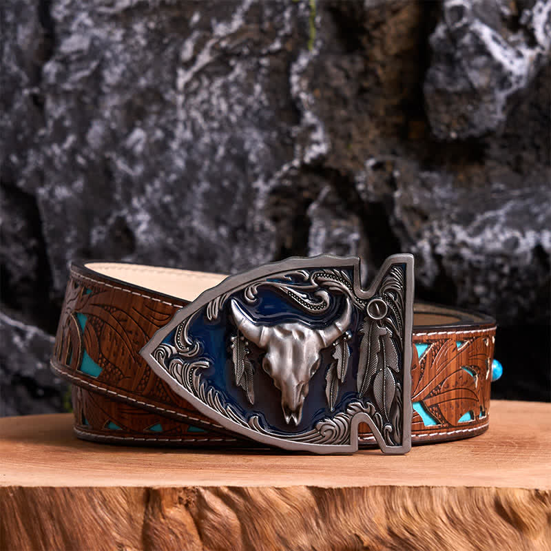 Ceinture en cuir avec boucle en forme de pointe de flèche en émail bleu marine