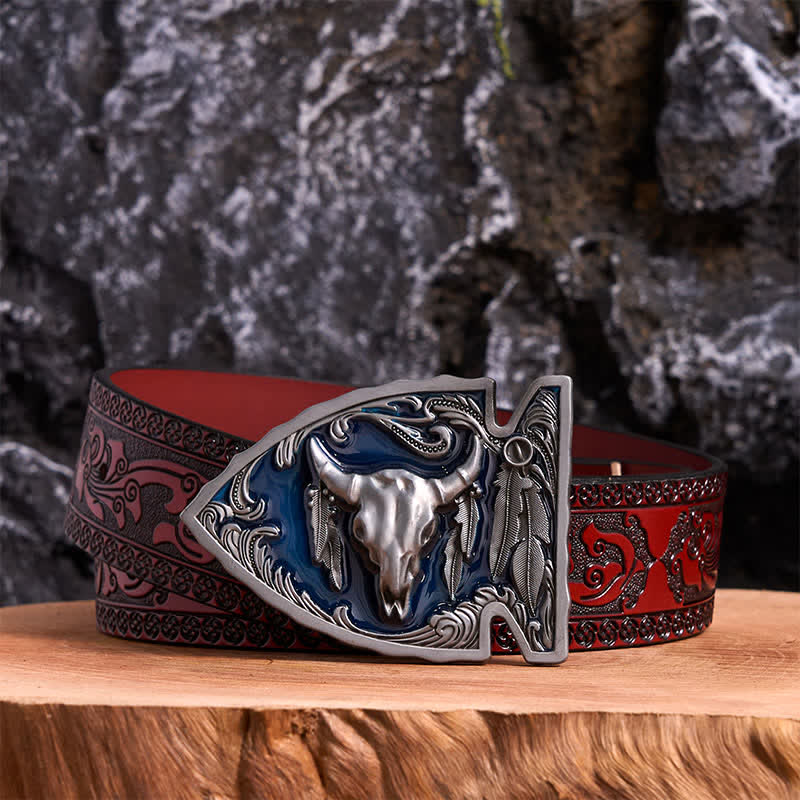 Ceinture en cuir avec boucle en forme de pointe de flèche en émail bleu marine