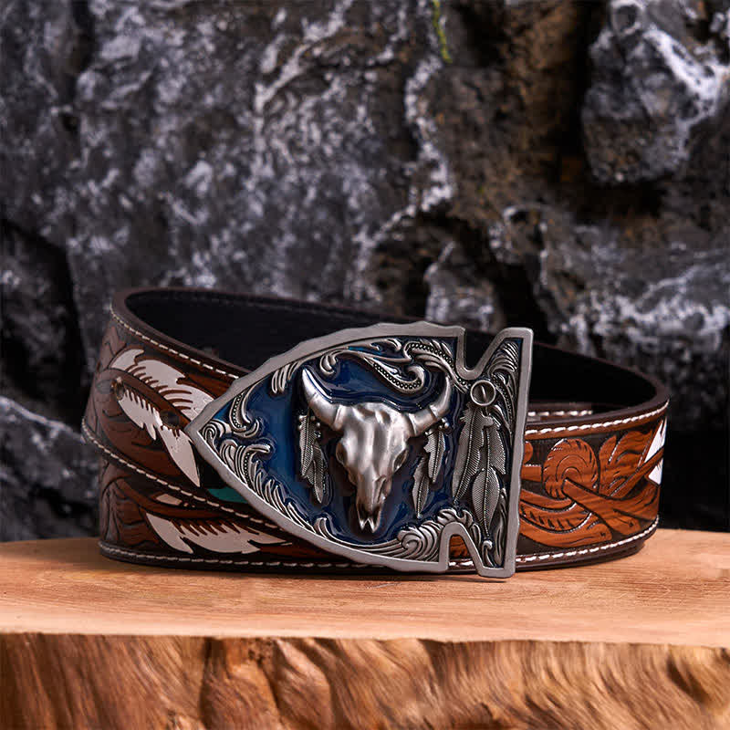 Ceinture en cuir avec boucle en forme de pointe de flèche en émail bleu marine