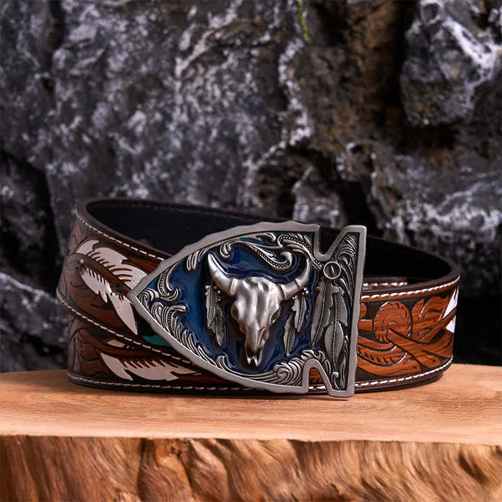 Ceinture en cuir avec boucle en forme de pointe de flèche en émail bleu marine