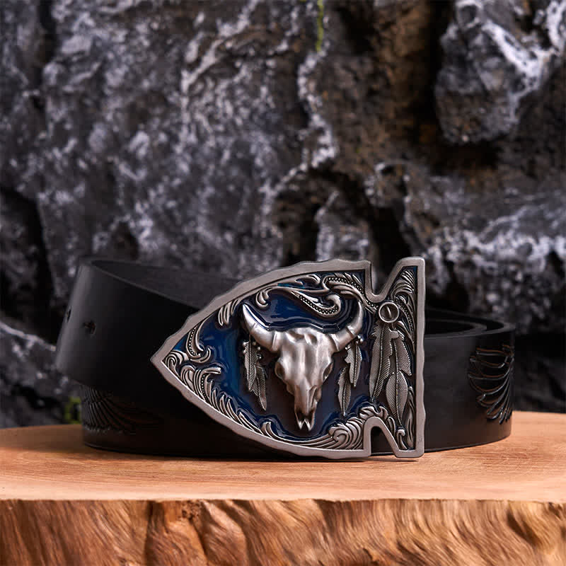 Ceinture en cuir avec boucle en forme de pointe de flèche en émail bleu marine