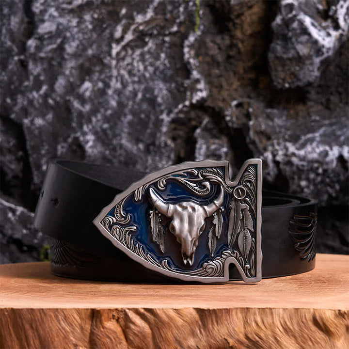 Ceinture en cuir avec boucle en forme de pointe de flèche en émail bleu marine