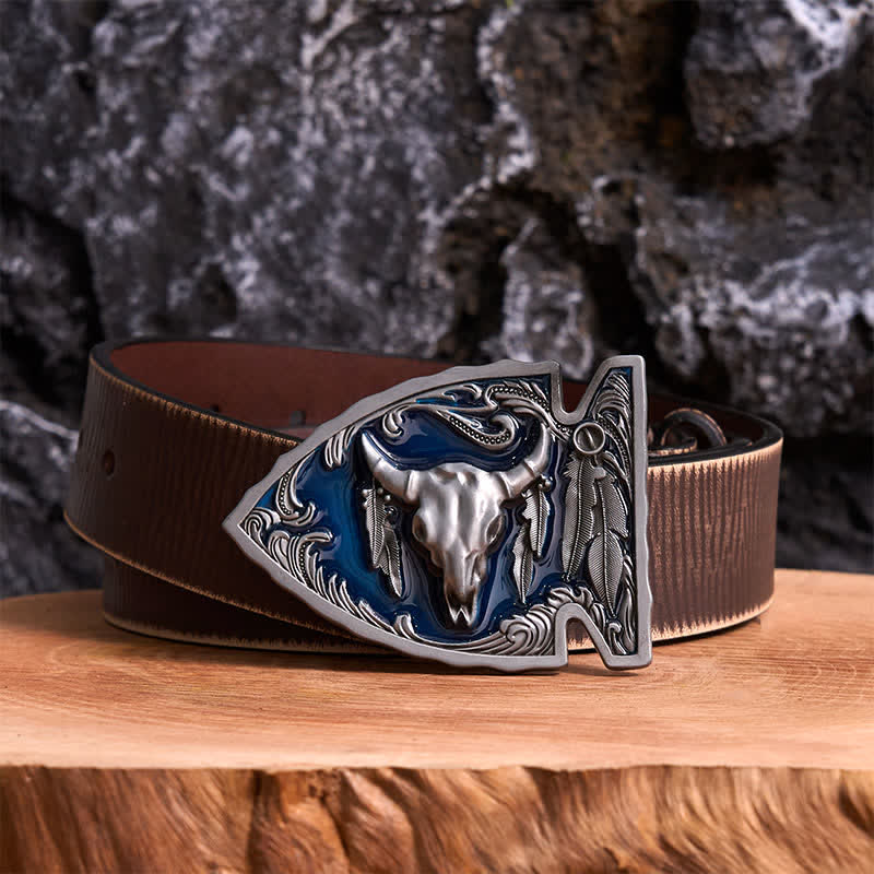 Ceinture en cuir avec boucle en forme de pointe de flèche en émail bleu marine