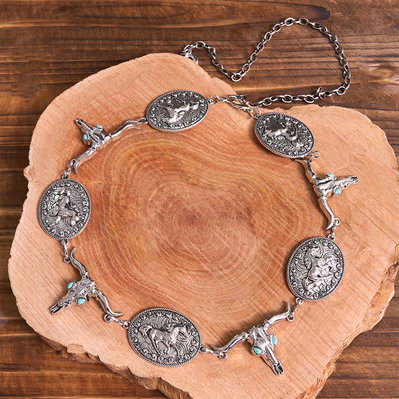 Ceinture Concho Western en fausse turquoise pour femme avec tête de taureau