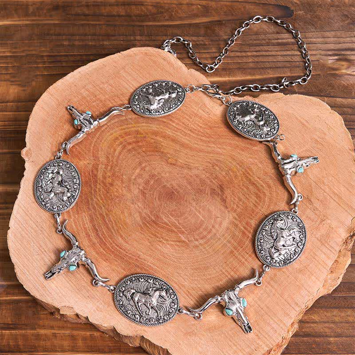 Ceinture Concho Western en fausse turquoise pour femme avec tête de taureau